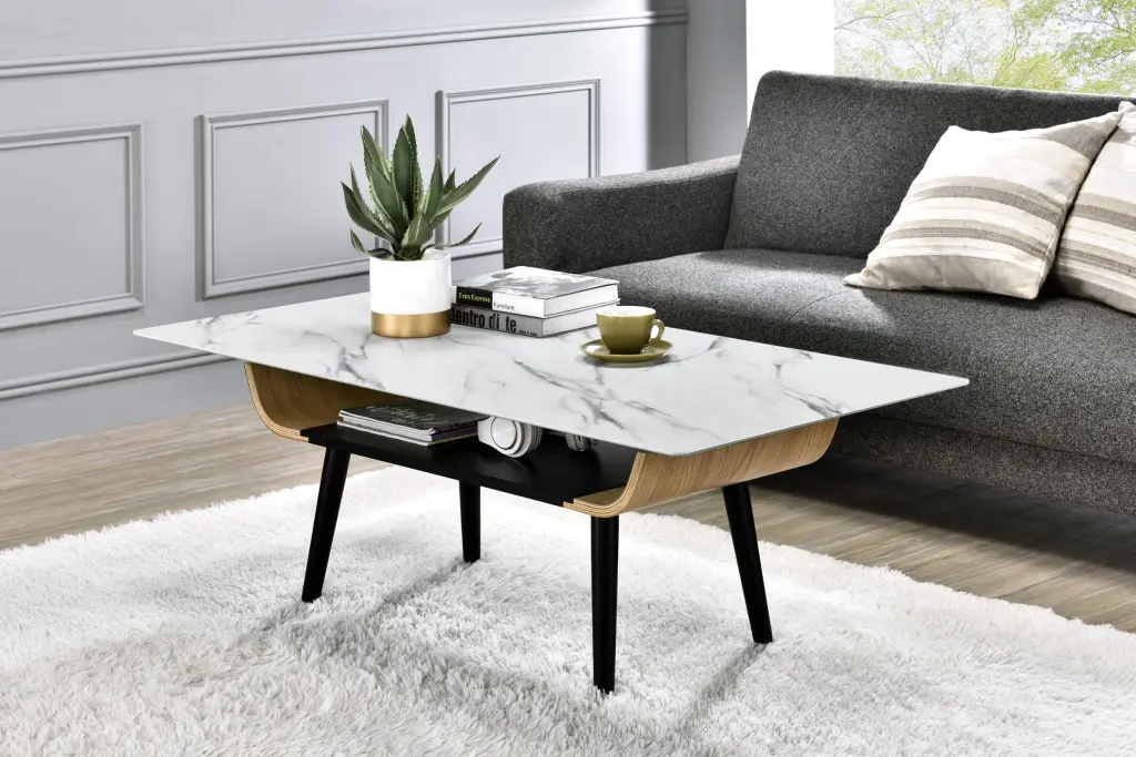 Landon 47 Inch Coffee Table White Marble Texture Top and Bent Wood Legs lilola home