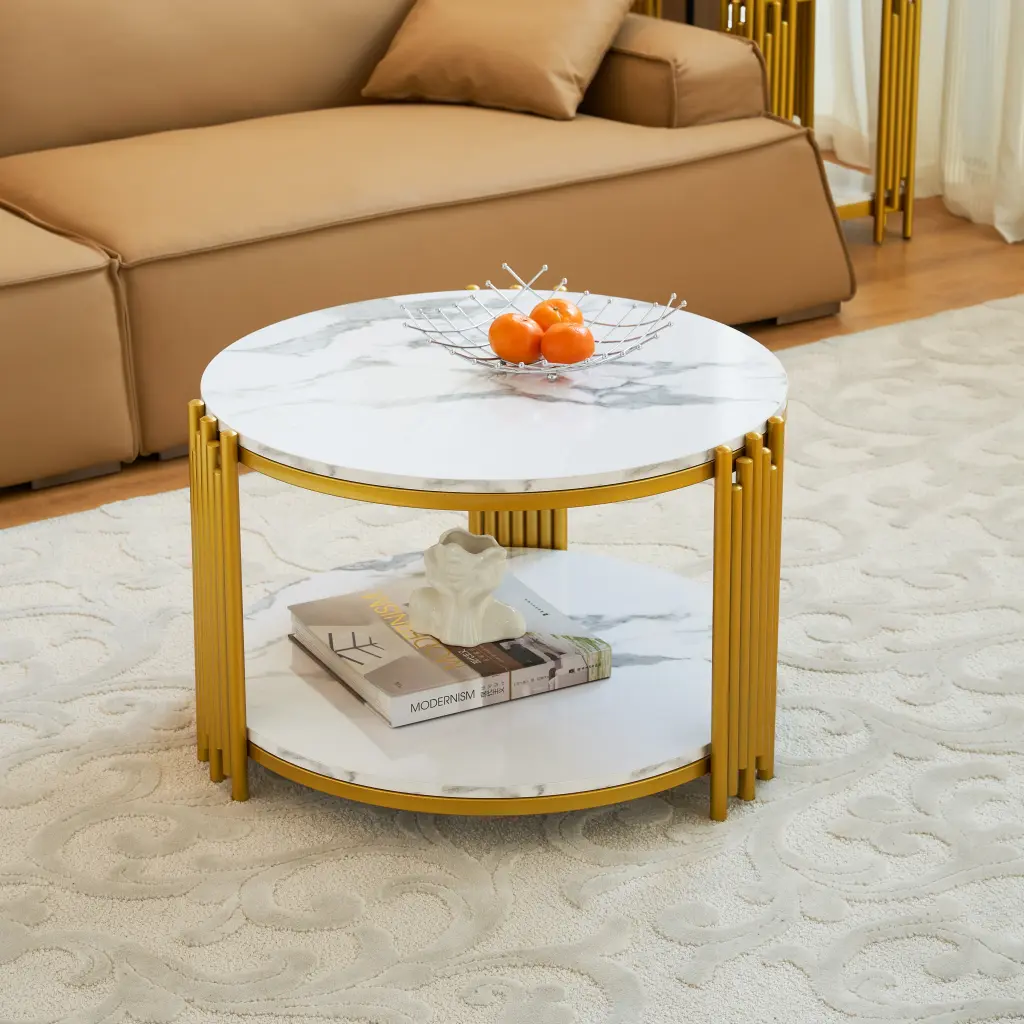 28.35 Inches Round Coffee Table Storage Faux Wood Top Small Living Room Table modasi