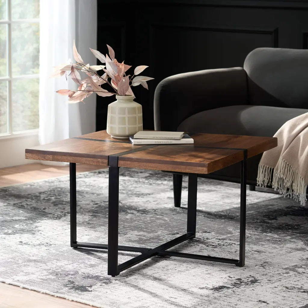 Handmade Mango Wood And Iron Square Coffee Table Walnut Brown Metal nh-inmax