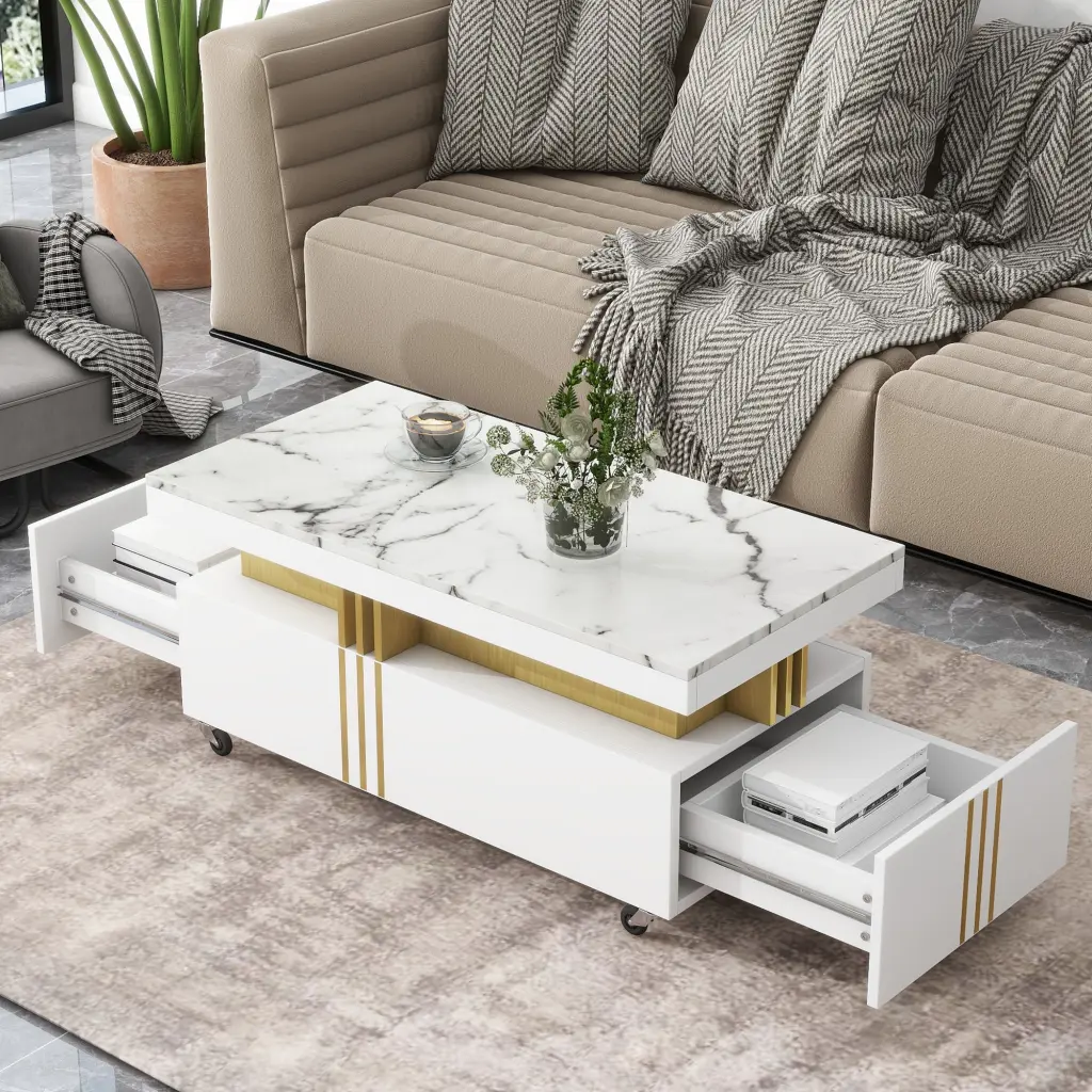 Contemporary Coffee Table Faux Marble Top Rectangle Cocktail Table on-trend