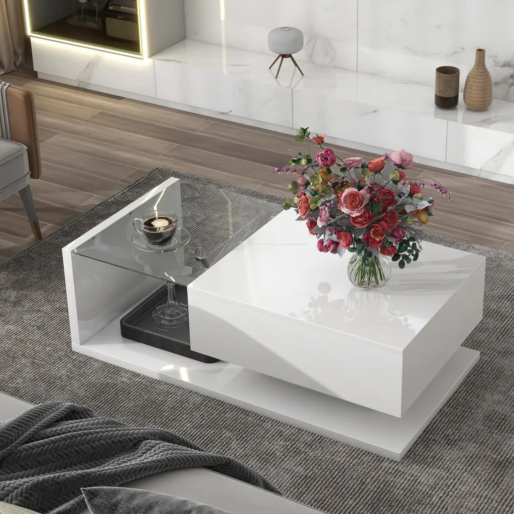 Modern Coffee Table Tempered Glass Wooden Cocktail Table High Gloss on-trend