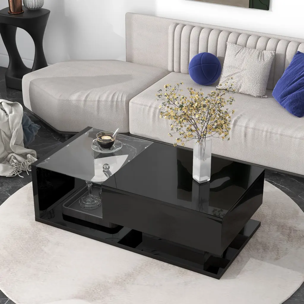 Modern Coffee Table Tempered Glass Wooden Cocktail Table on-trend