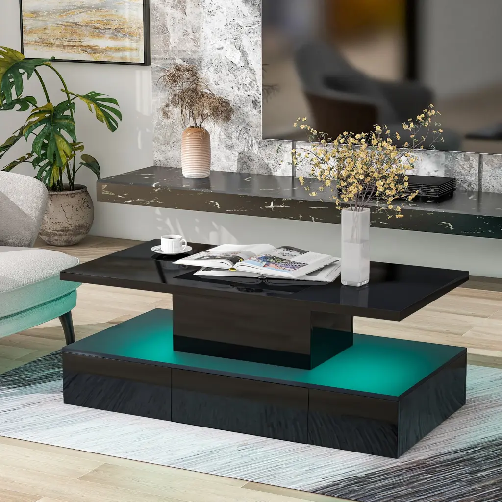 Modern Glossy Coffee Table Drawer 2 Tier Rectangle Center Table on-trend