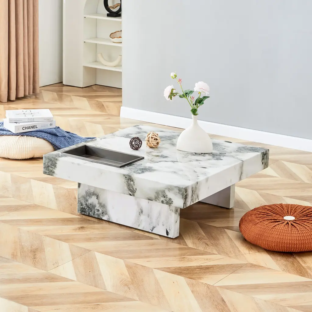 Modern Functional Coffee Table Black and White Imitation Marble Living Room rnb