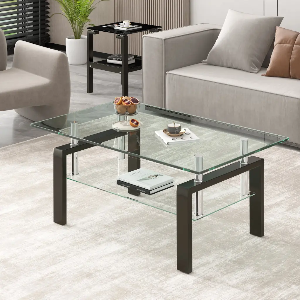 Tempered Clear Glass Coffee Table 2 Layers Living Room rnb
