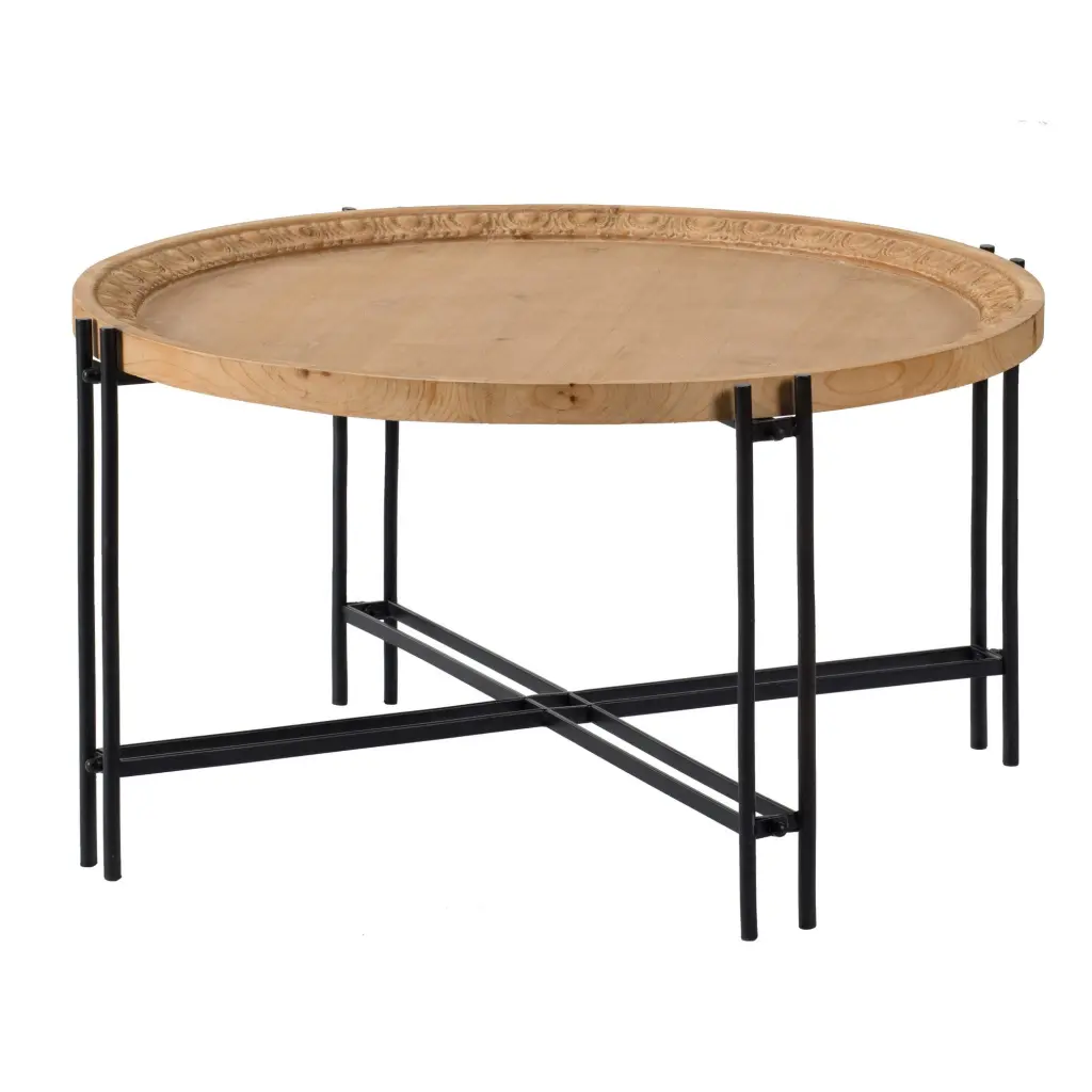 32 Inch Fir Wood Coffee Table Intersecting Metal Legs Brown and Black royal hampton