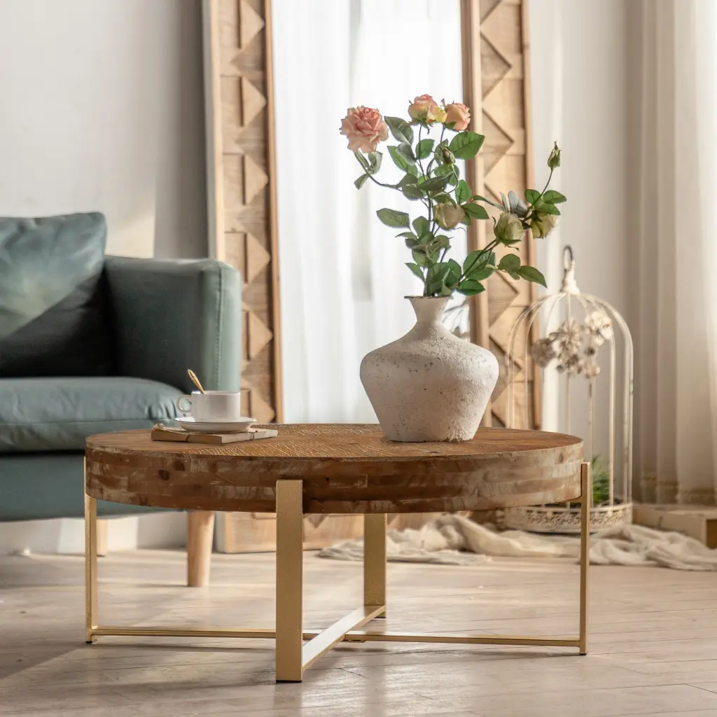 31.29 Inch Modern Retro Round Coffee Table Fir Wood Table Top spribung