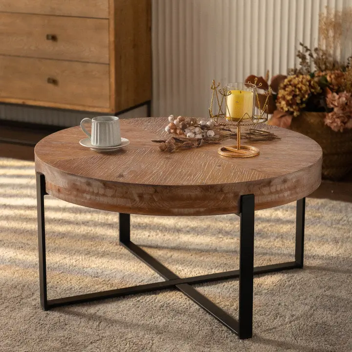 34 Inch Modern Round Coffee Table Fir Wood Top and Metal Base spribung