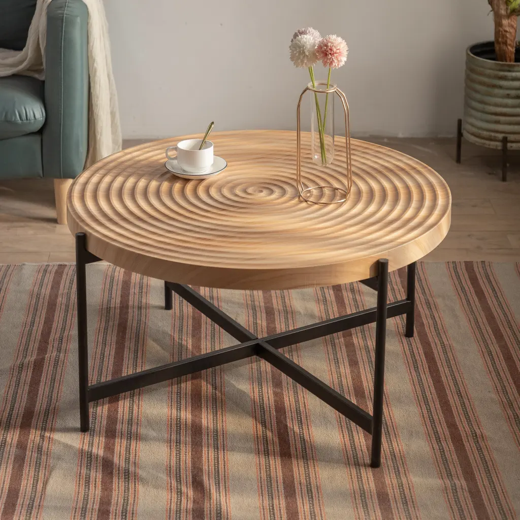 33 Inch Modern Thread Design Round Coffee Table MDF Table Top Cross Leg Base spribung