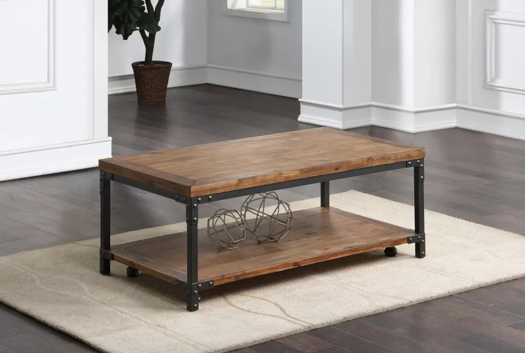 Rustic Industrial Cocktail Table Mixed Media Styling Antiqued Honey Finish steve silver furniture