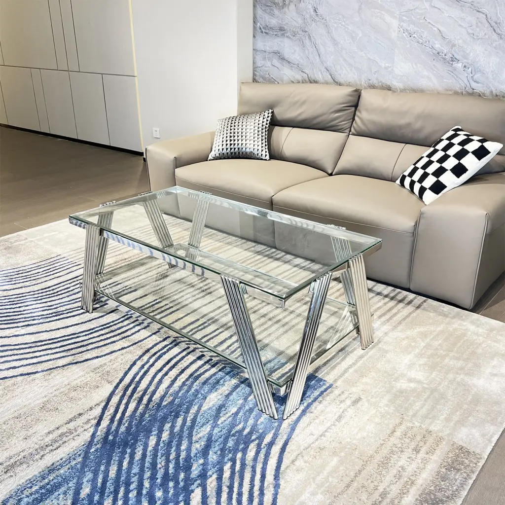 Silver Stainless Steel Double Layer Clear Tempered Glass Coffee Table t2949
