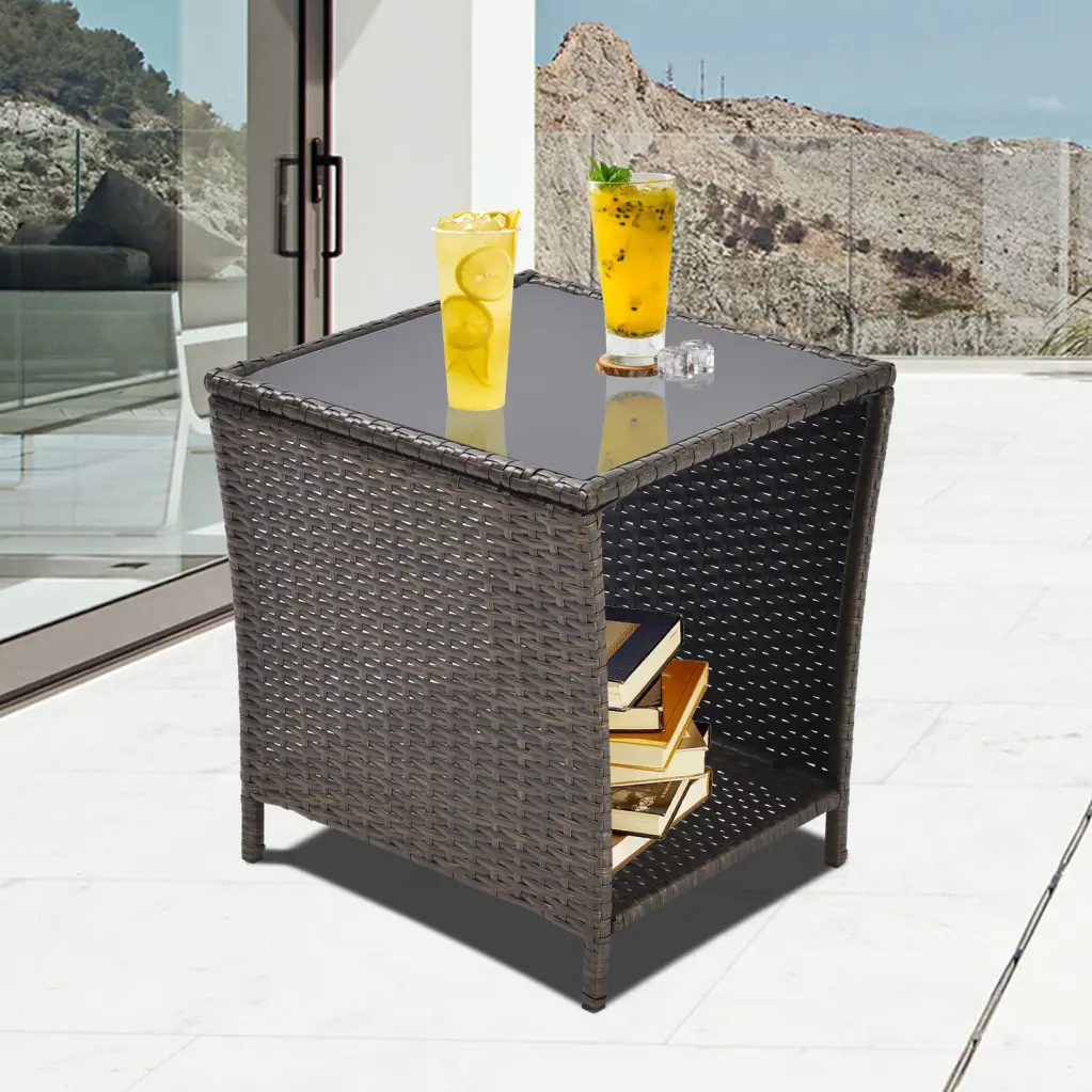 Outdoor Side Coffee Table Storage Shelf All Weather PE Rattan tengxin store