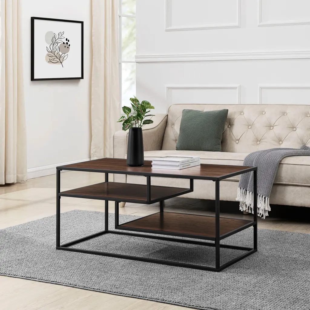 Contemporary Two Tone Metal Coffee Table Dark Walnut MDF Top walker edison