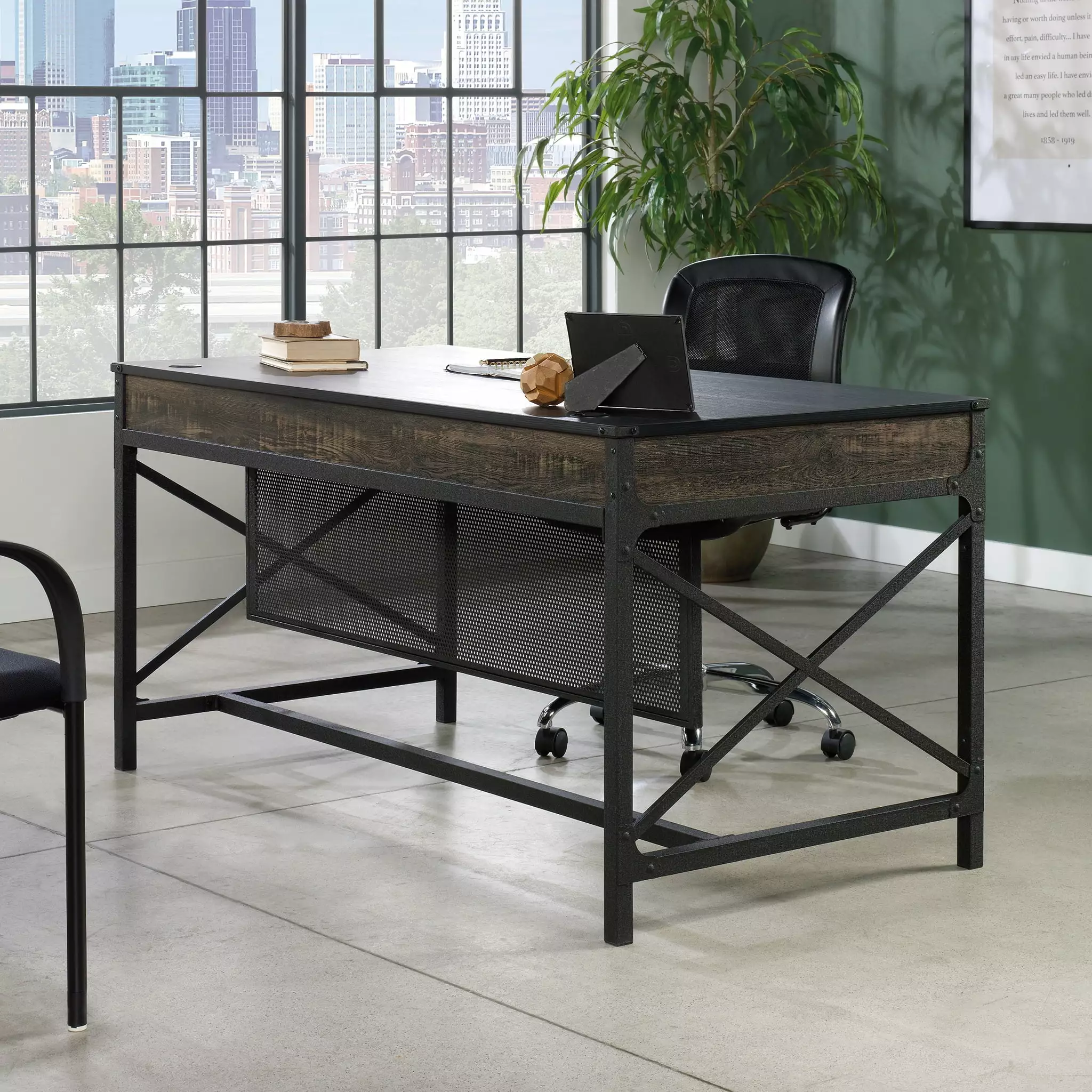 Worksense Sauder Foundry Road 59 x 30 Commercial Office Desk Carbon Oak Finish