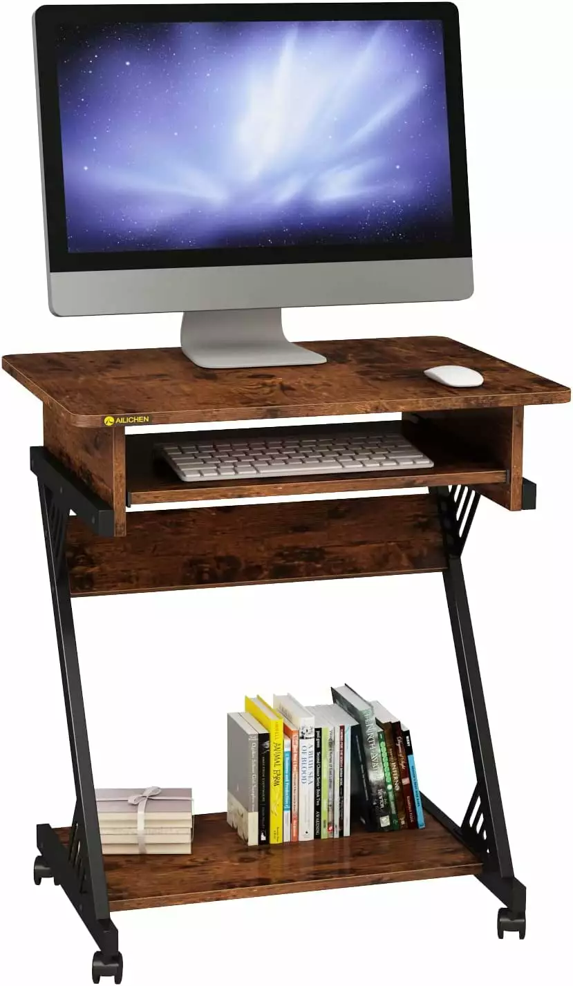 2 Tier Computer Desk Keyboard Tray 23.6 Inch Rolling Study PC Laptop Table Small Spaces BSL