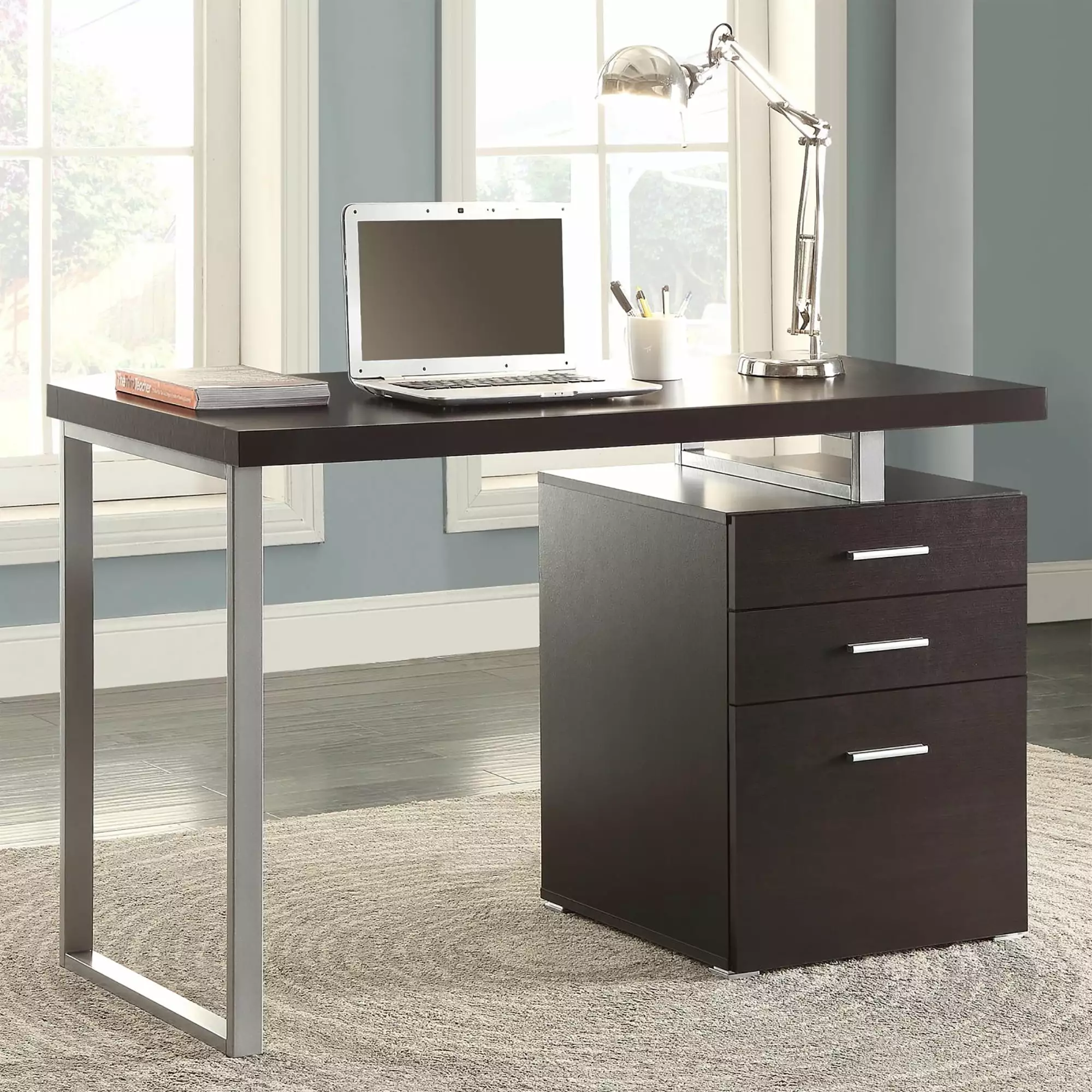 GeeHome Cappuccino 3-Drawer Reversible Office Desk Small Spaces
