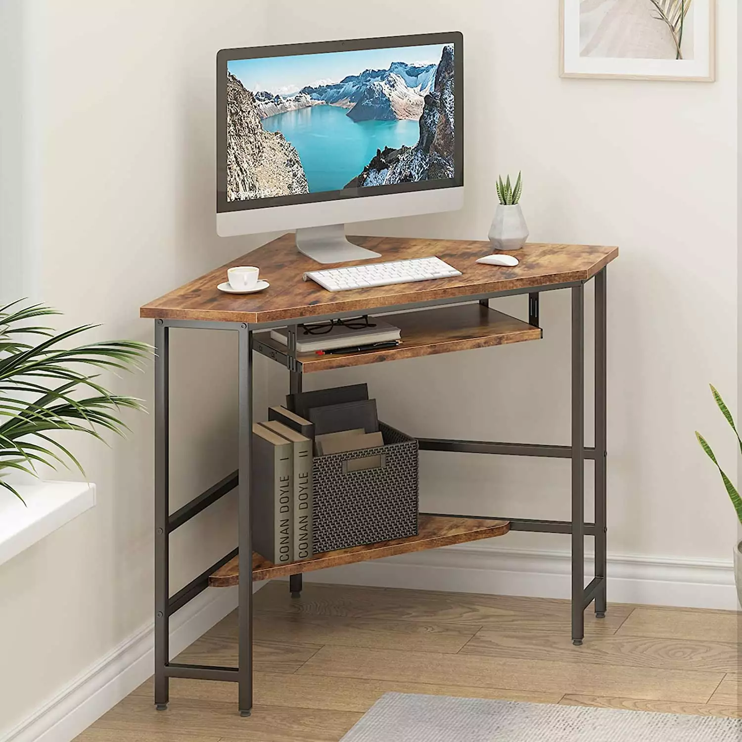 Soges 28 Inch Triangle Corner Computer Desk Storage Shelf and Keyboard Tray Rustic Brown