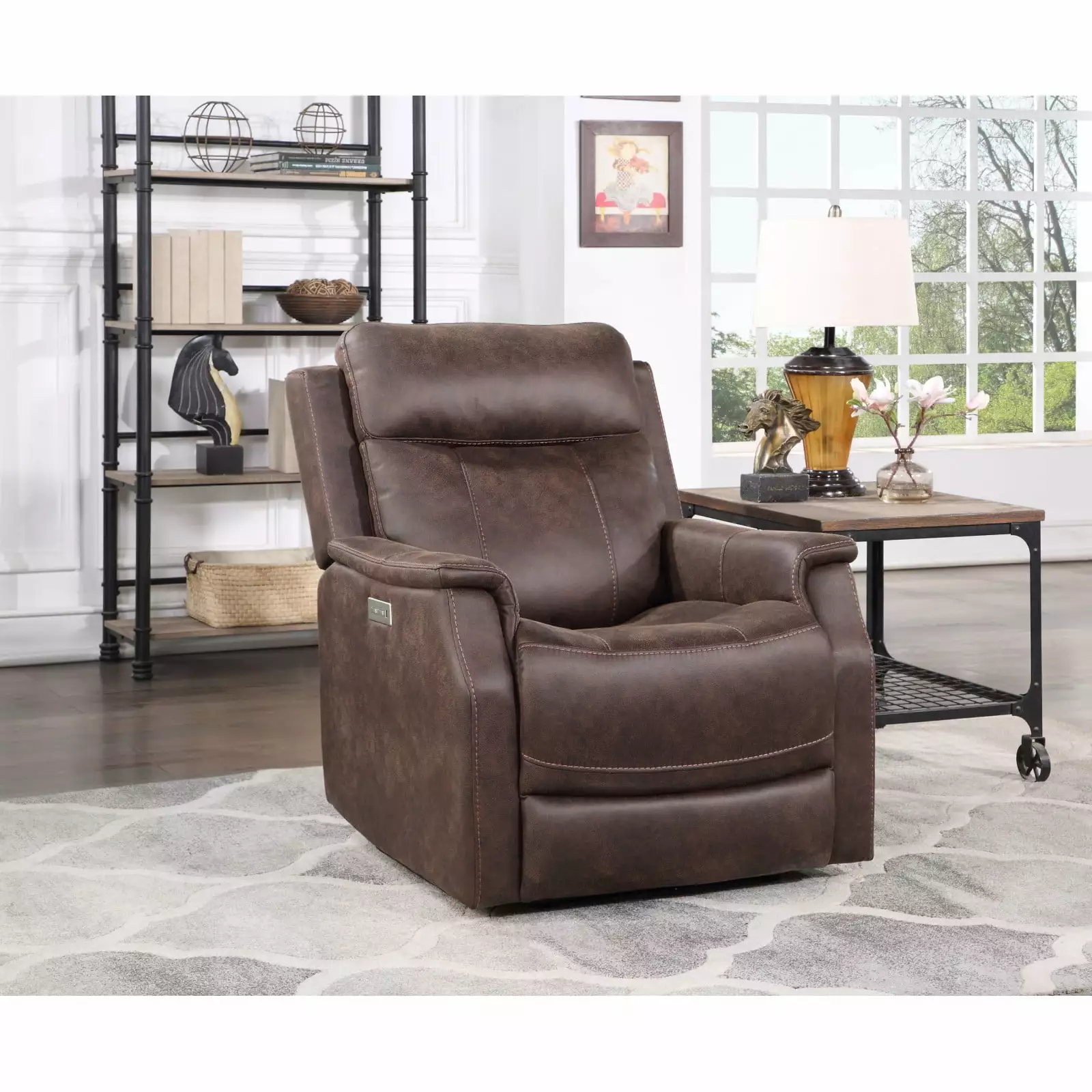 Compact Dual-Power Recliner Walnut Leatherette - Power Footrest, Power Headrest, USB Charging, Contemporary Design Ponnky