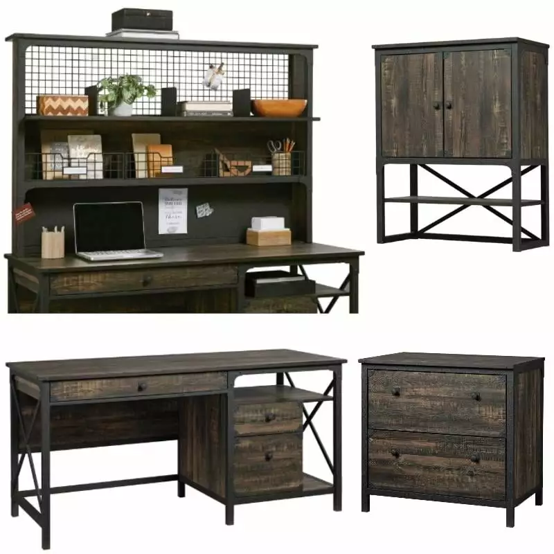 Home Square 4-Piece Computer Desk Set Lateral File and 2 Hutches