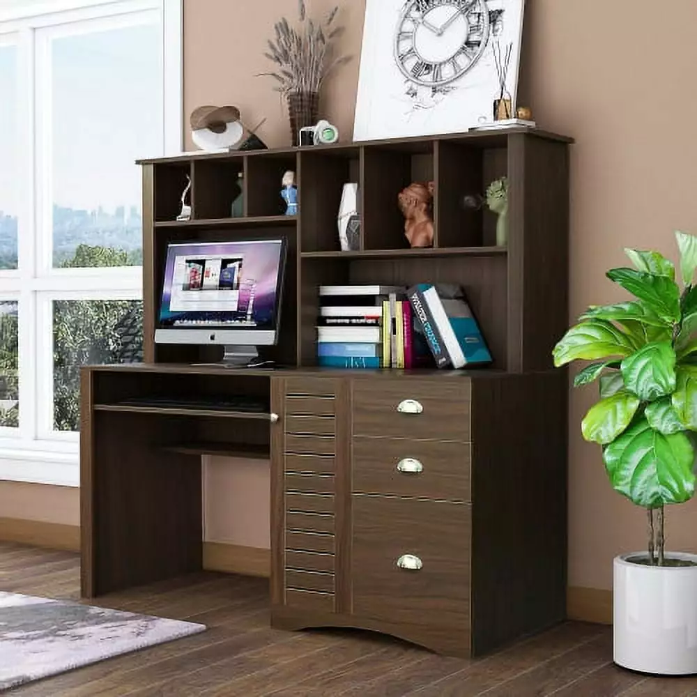 Adrinfly Home Office Computer Desk Hutch Walnut - Stylish Workstation