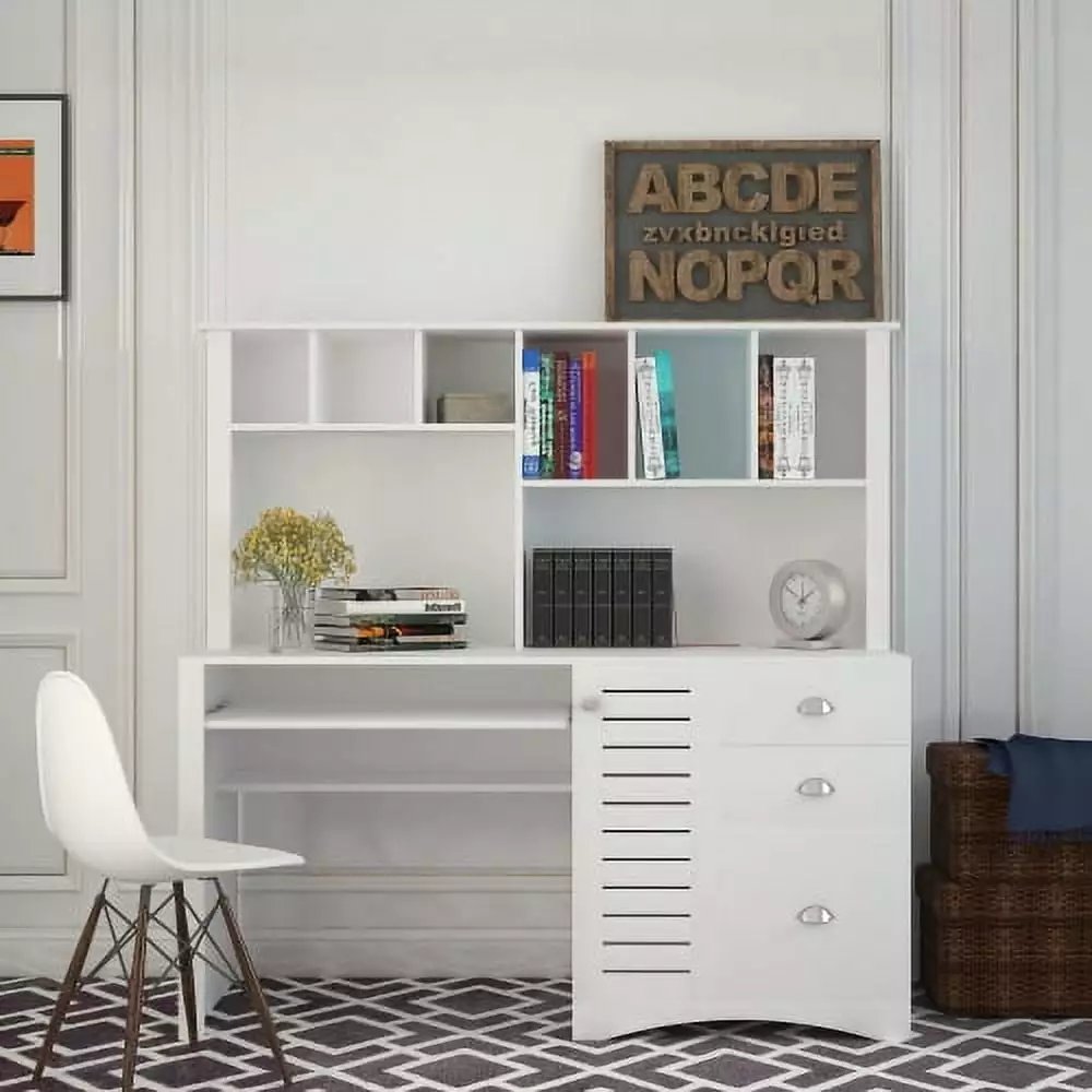 Adrinfly Home Office Computer Desk Hutch Antiqued White Finish - Elegant Design