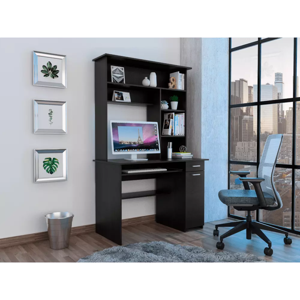 CoSoTower 180 Hutch Desk Multiple Shelves, Keyboard Tray, CPU Panel, and Drawer - Black