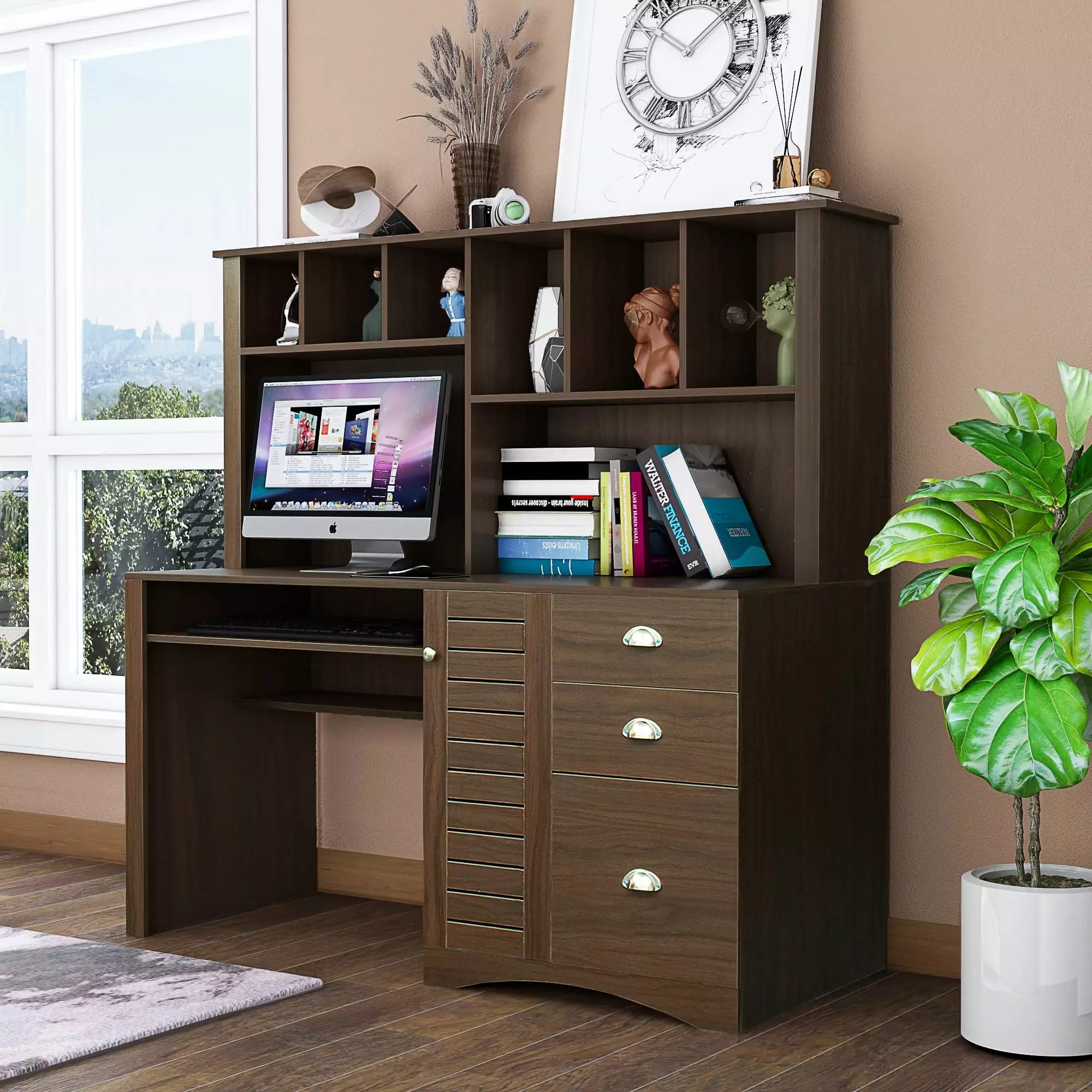 DeeHome Walnut Home Office Computer Desk Hutch - Modern Workstation
