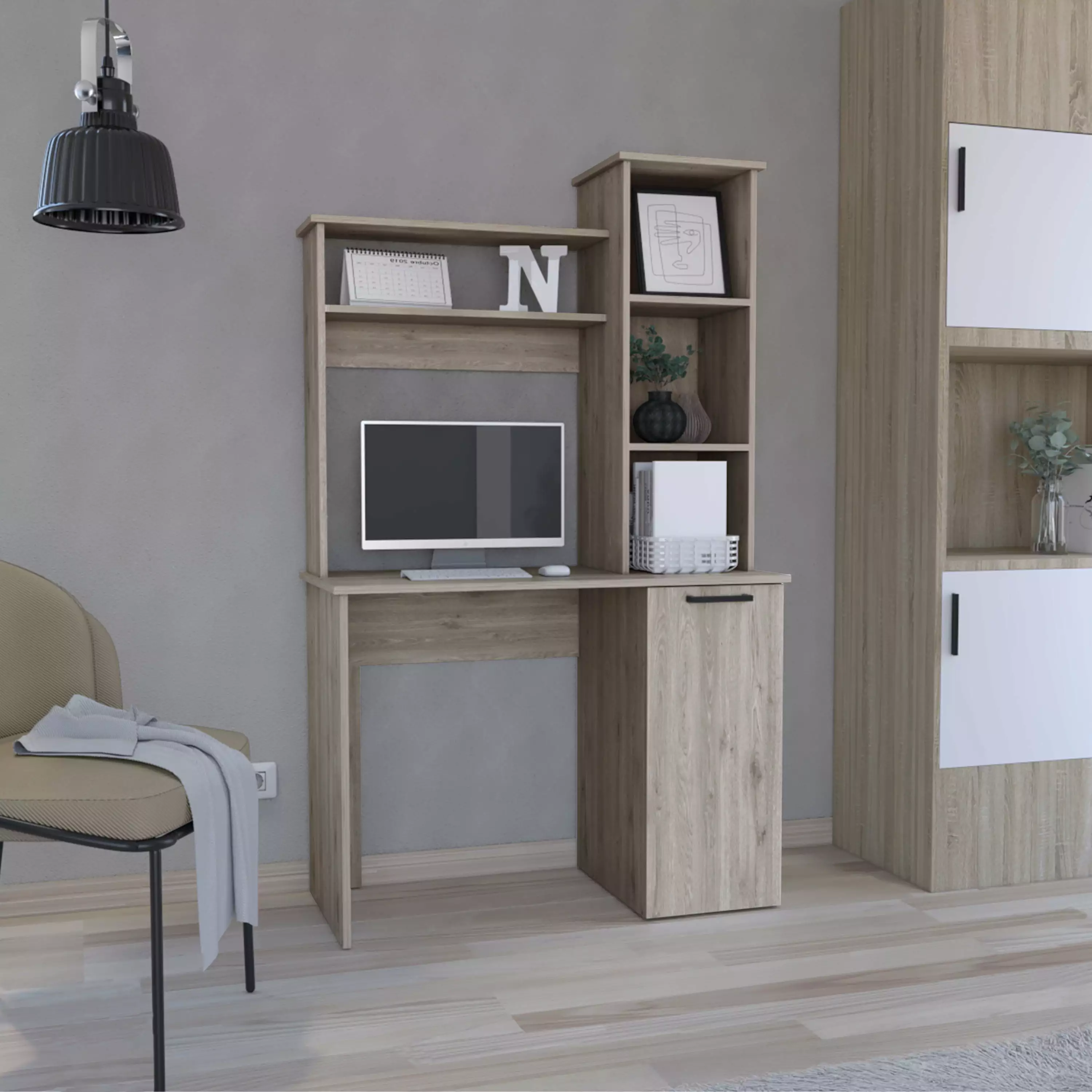 GeeHome Carson Computer Desk Hutch Single Door Cabinet and Expansive Work Surface