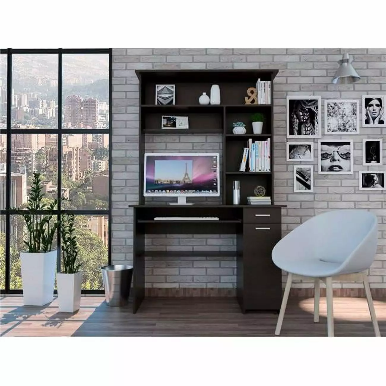 HomeRoots 403842 Zeno Black Computer Desk Hutch - Modern Home Office Furniture