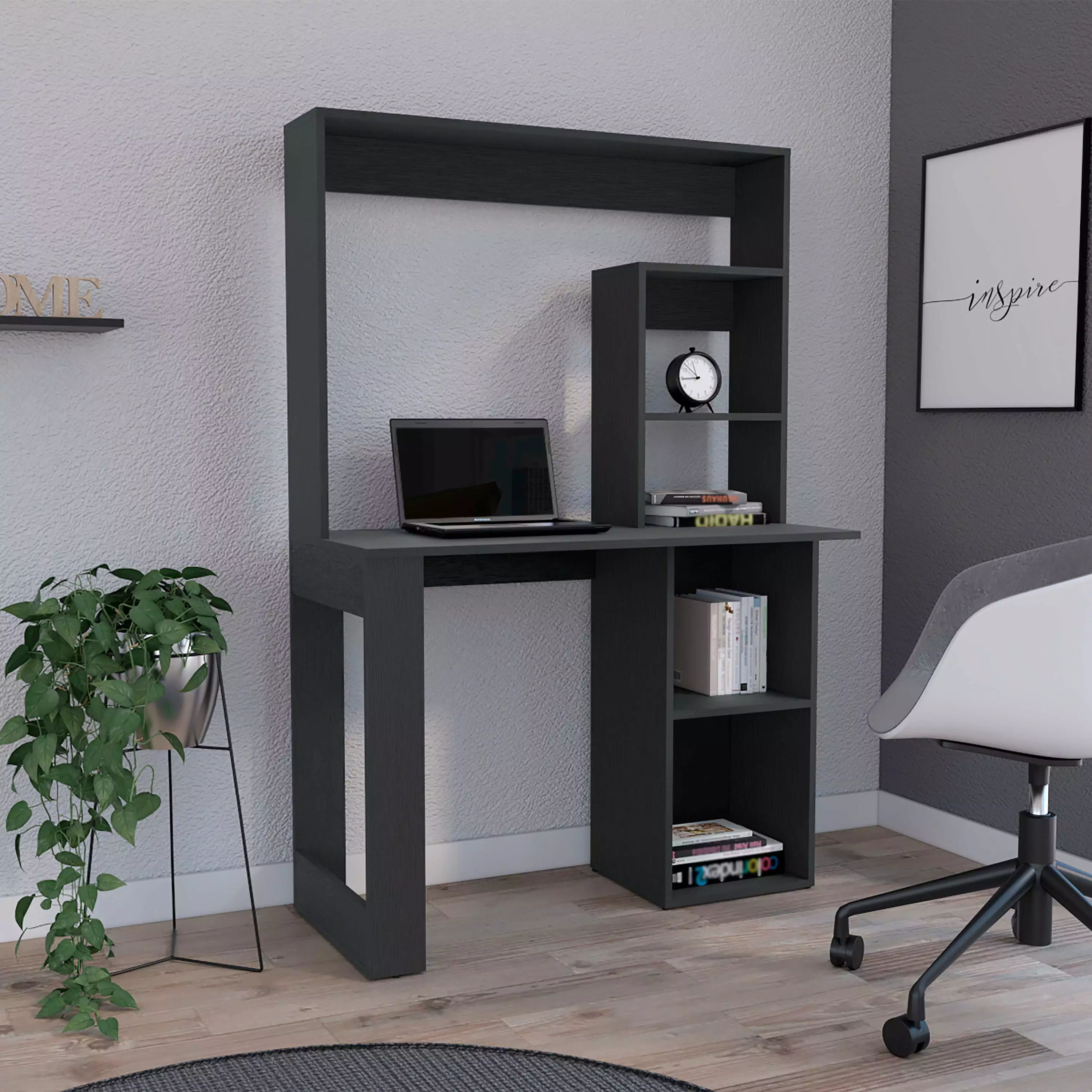 Black Writing Computer Desk Storage Shelves and Hutch Home Office SMHZ