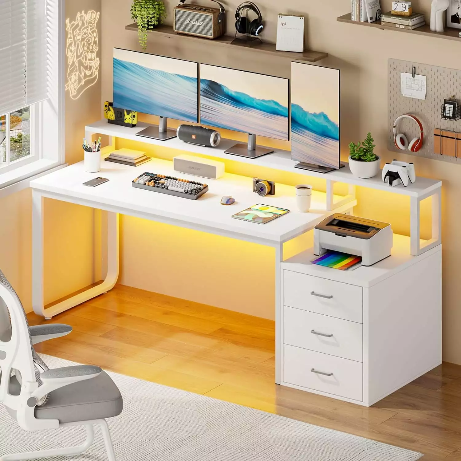Computer Desk 3 Drawers and Storage 67 Inch White Desk LED Light and Monitor Stand 4 Ever Winner