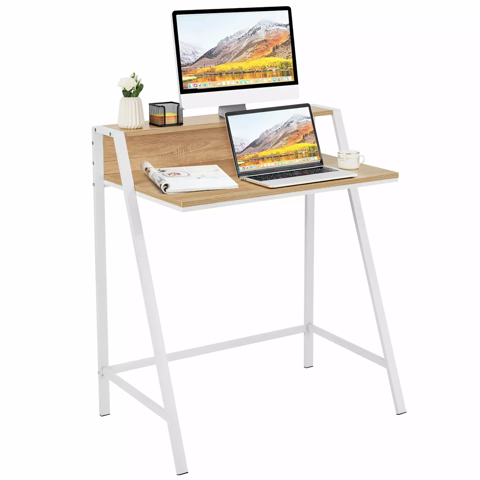 Goplus 2 Tier Computer Desk PC Laptop Table Study Writing Home Office Natural Costway