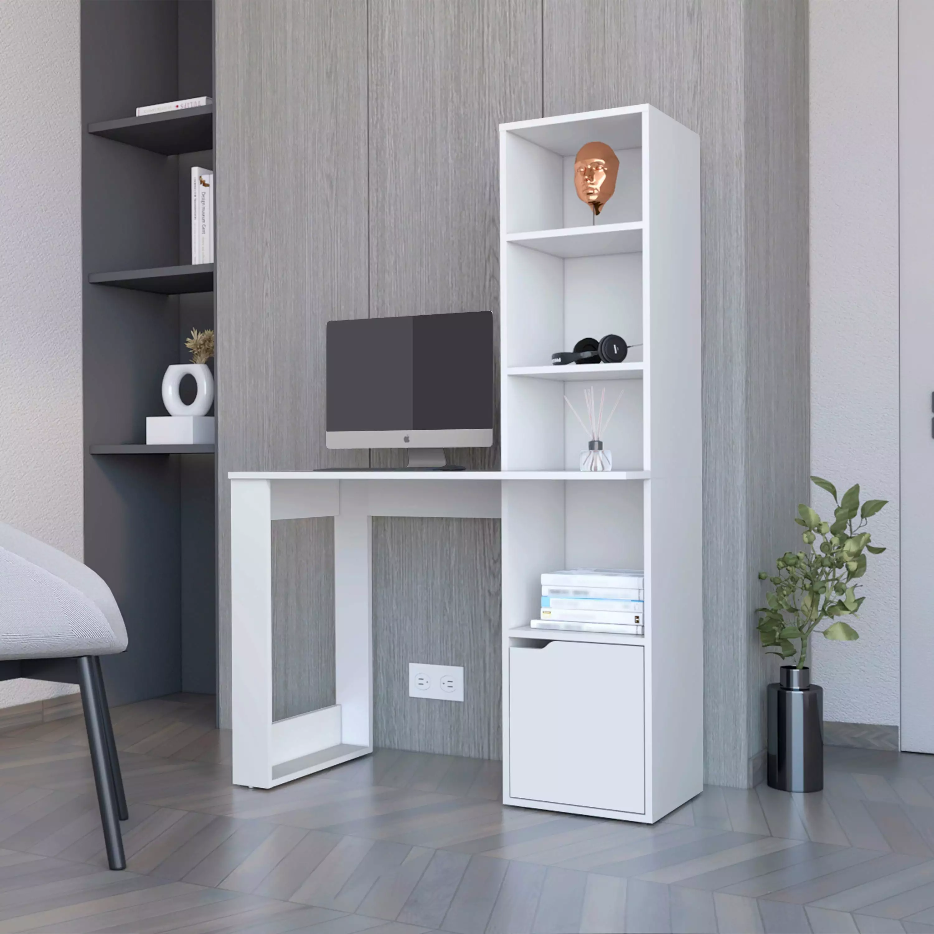 GeeHome Peterson Computer Desk 4-Tier Bookcase and 1-Door Cabinet White - Space Saving Office Desk