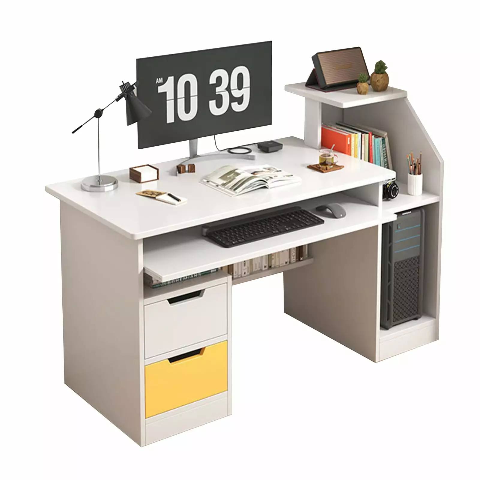 Wharick Computer Desk 46inch Home Office Desk Modern Writing Table PC Desks 2 Drawers and 3 Hutch Shelves Bedroom Small Space