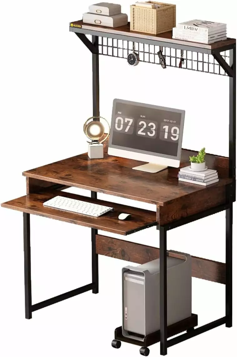 31.5 Inch Brown Computer Desk Upper Storage Shelves and Keyboard Tray Home Office