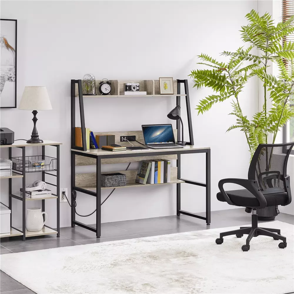Alden Design 47.5in Laptop Computer Desk Bookshelf Power Outlet Gray