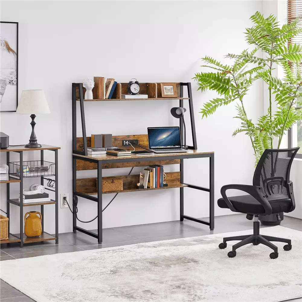 Alden Design 47.5in Rustic Brown Computer Desk Bookshelf and Power Outlet