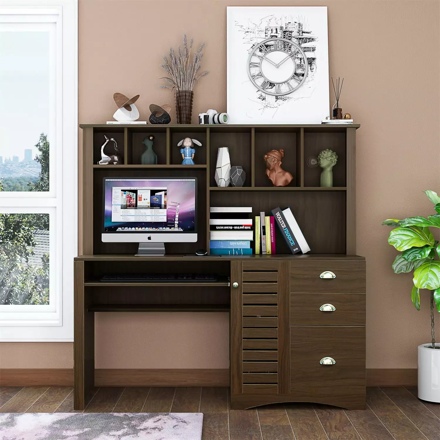 59 Inch Wood Home Office Computer Desk Hutch 3 Drawers 2-tier Shelf Cable Management Walnut ARCTICSCORPION