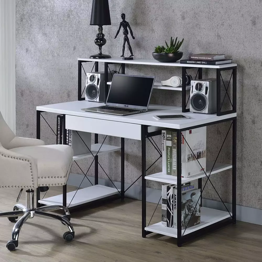 White Modern Computer Desk Shelves Keyboard Tray and Storage Hutch 47x24x41 Home Office Writing Desk ARCTICSCORPION