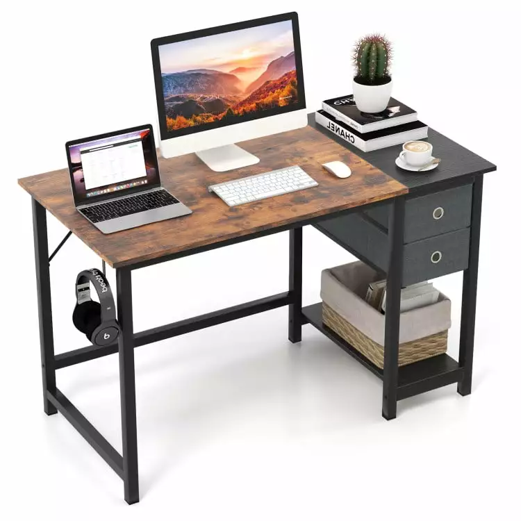 Barara King 48/55 Inch Home Office Desk 2 Drawers Hanging Hook White Computer Study Writing Gaming Table Workstation