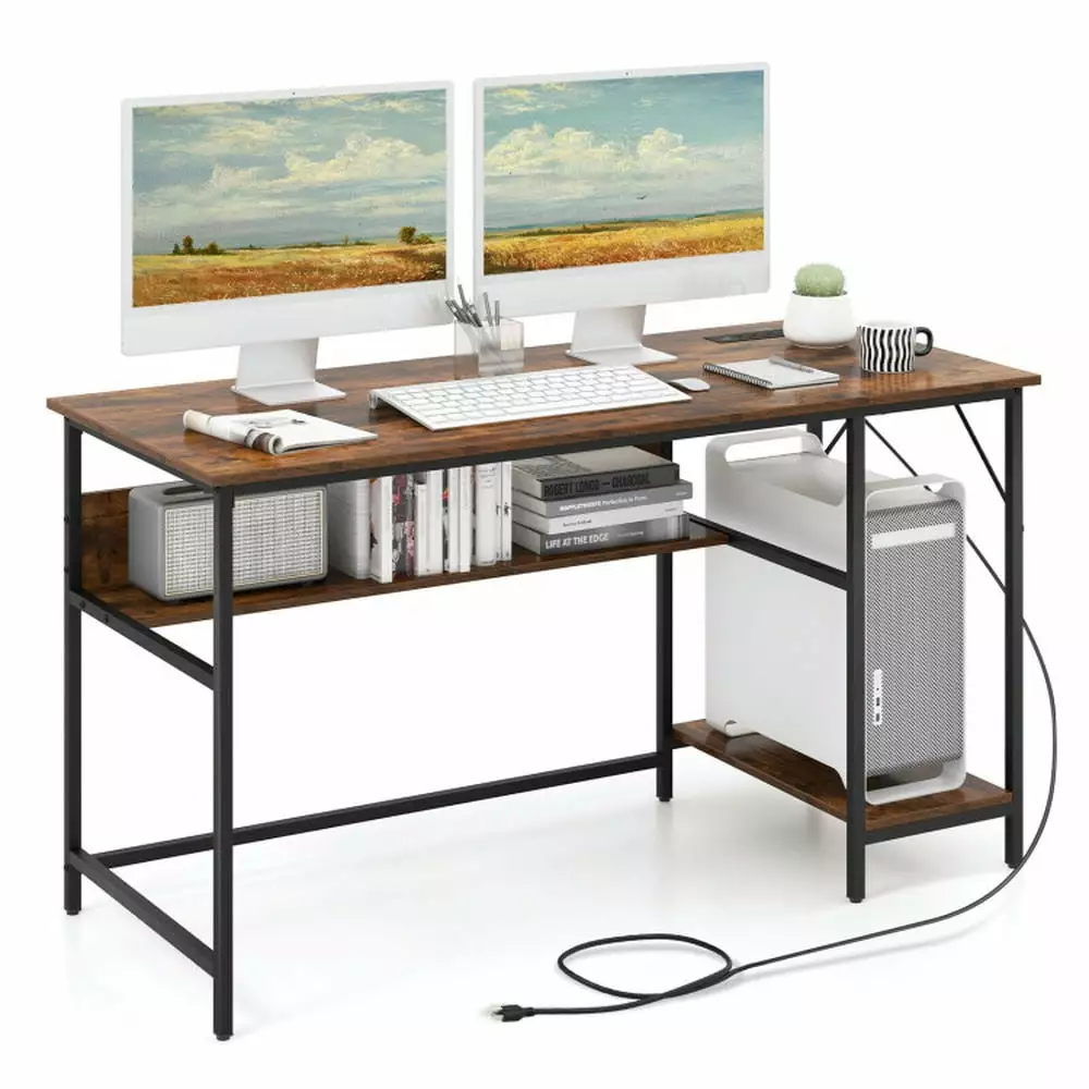 Barara King 55-Inch Home Office Desk Charging Station Brown Study Writing Table