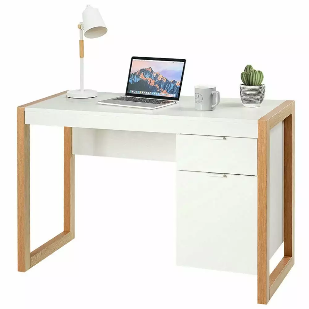 Barara King Computer Desk Office Desk Writing Work Study Desk Cabinet and Drawer White