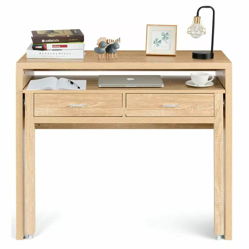 Barara King Computer Table Gaming Desktop Workstation Extendable Computer Desk Pull Out Secondary Desk Natural