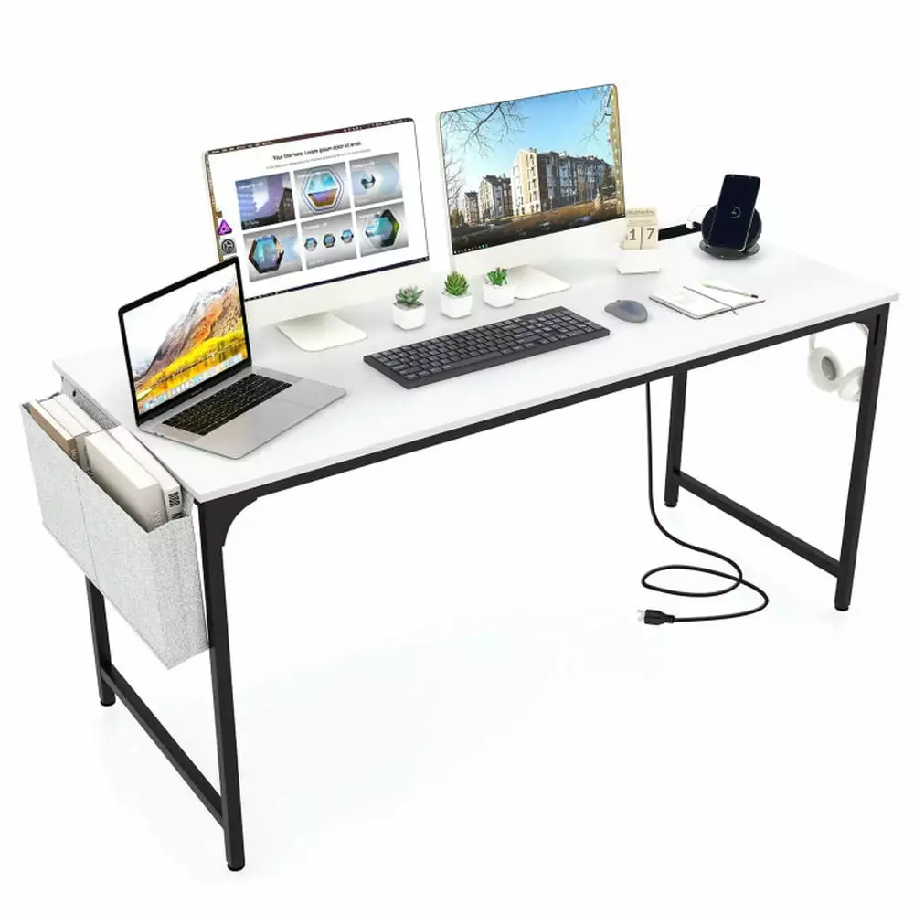 Barara King 60 Inch Home Office Desk Charging Station Storage Bag White Computer Study Writing Gaming Table Workstation