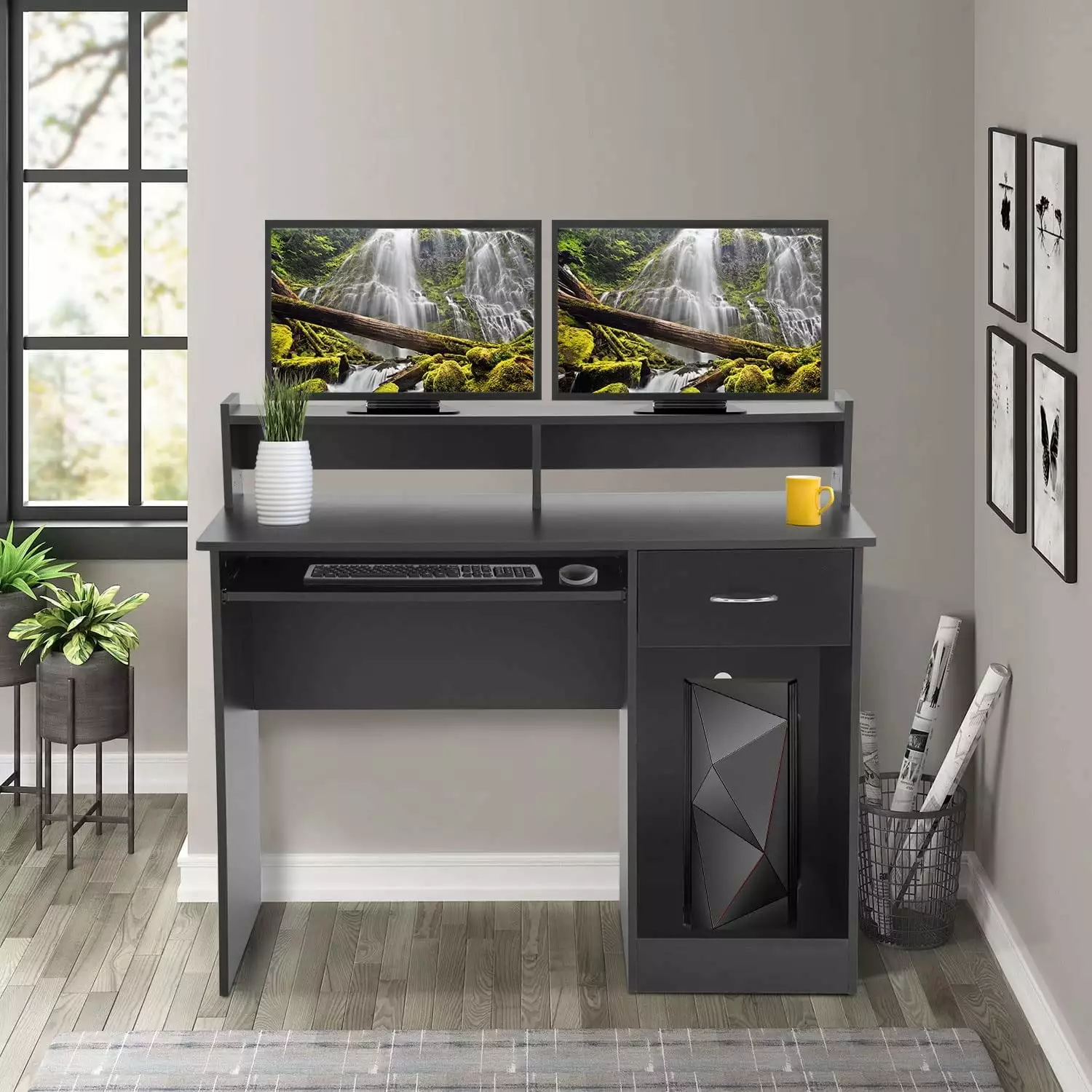 BestOffice 43 Inch Black Computer Desk Drawers Keyboard Tray and Storage Shelves