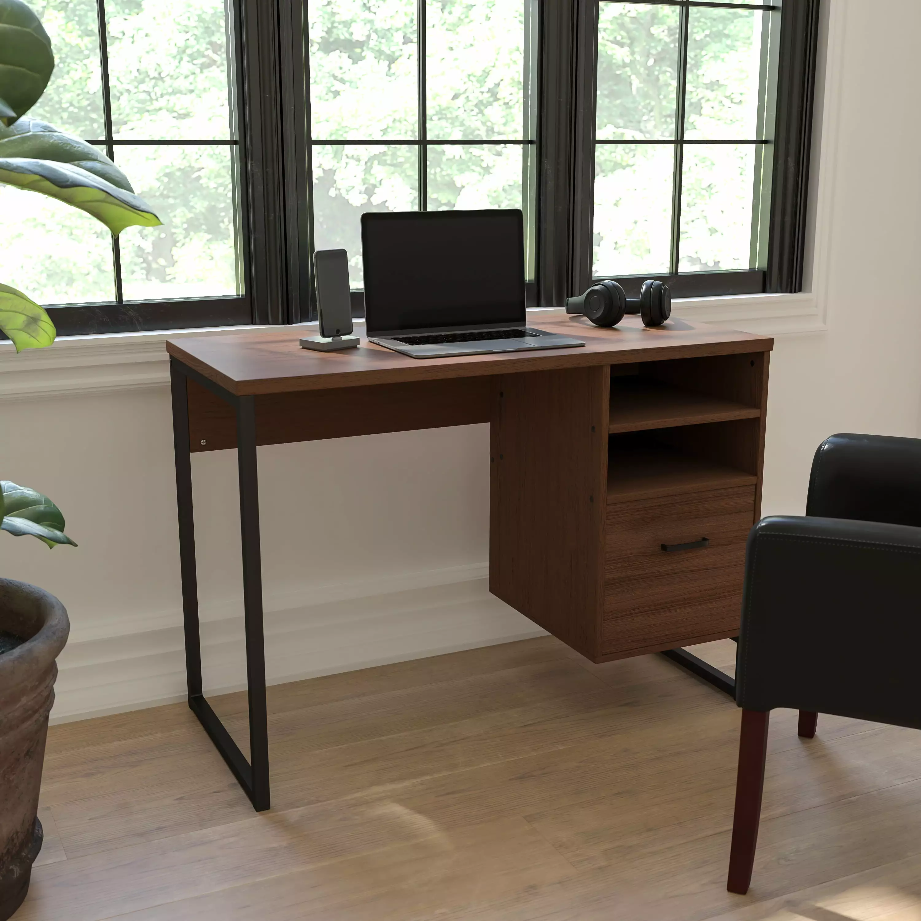 BizChair Rustic Coffee Wood Grain Finish Computer Desk Black Metal Frame