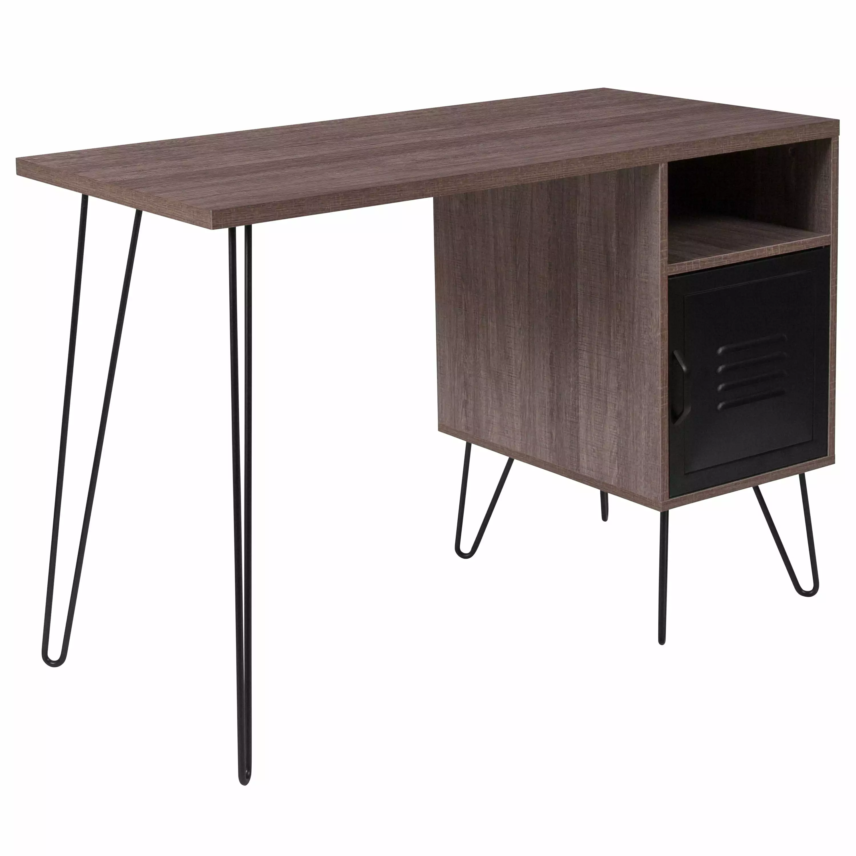 BizChair Rustic Wood Grain Finish Computer Desk Metal Cabinet Door and Black Metal Legs