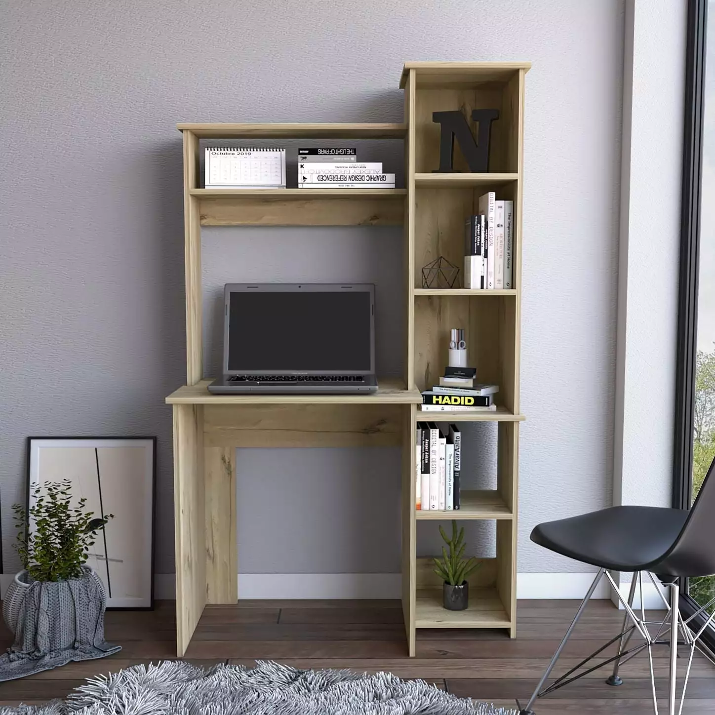 Boahaus Yerevan Modern Computer Desk 5 Open Shelves Brown Home Office Workstation