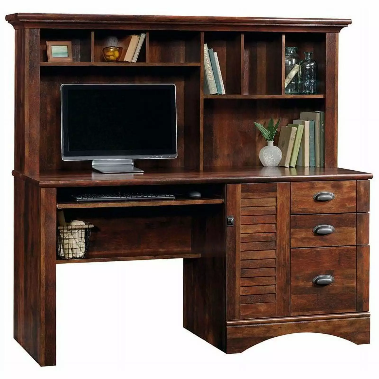 Bowery Hill Engineered Wood Computer Desk Hutch Curado Cherry Finish