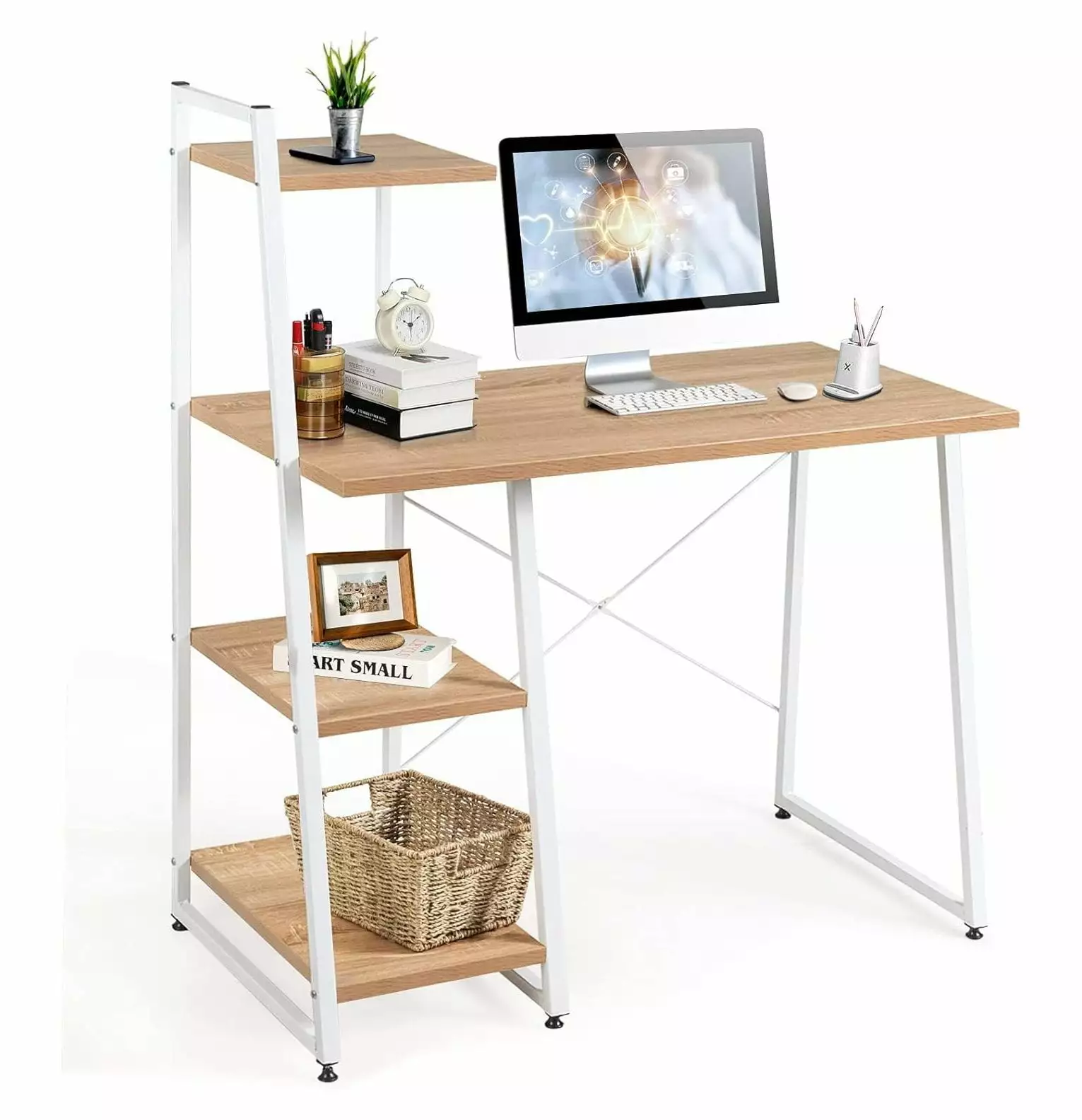 BULYAXIA Computer Desk 4-Tier Storage Shelves and Adjustable Foot Pads